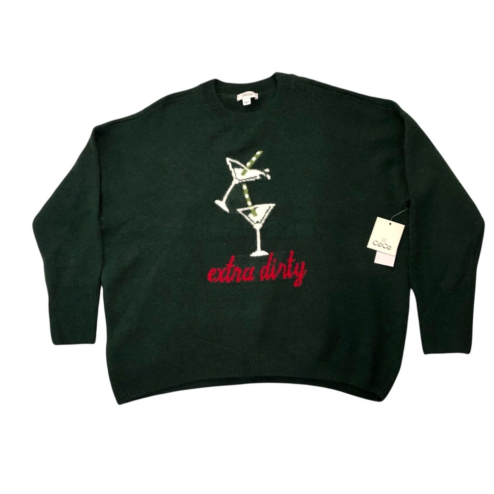 CeCe Green Knit Sweater with Martinis & Extra Dirty Graphic Size L